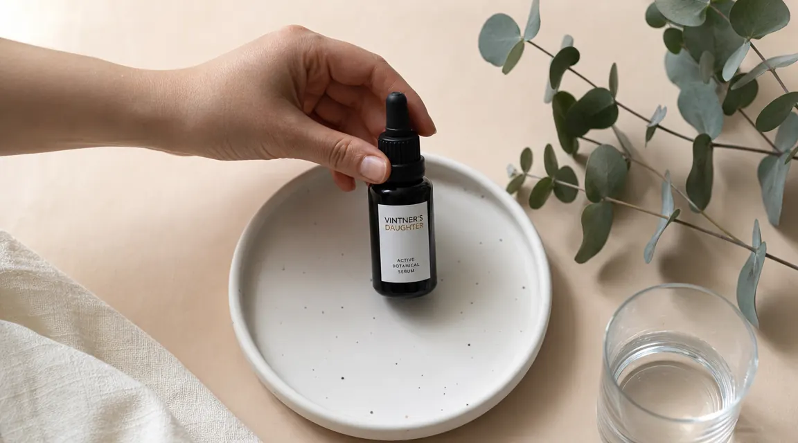 Dropper bottle of hyaluronic acid serum resting on a white ceramic tray beside a glass of water and a sprig of eucalyptus