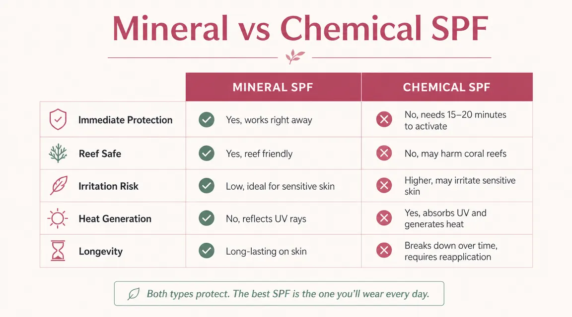 Side-by-side comparison chart showing mineral vs chemical sunscreen attributes including reef safety, immediate protection, and irritation potential