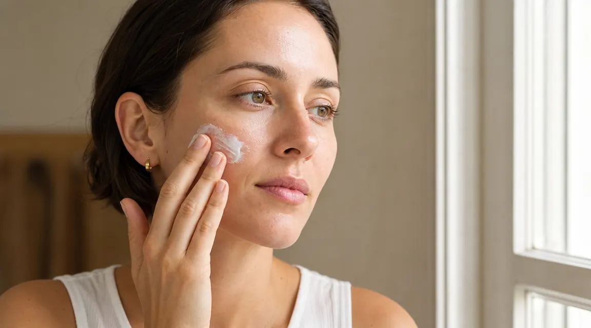 Woman applying mineral sunscreen to her face in morning light near a window