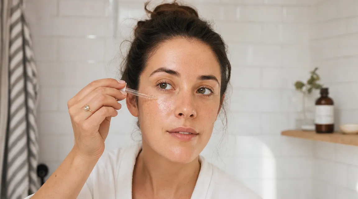 Woman applying a clear serum to clean skin in a bright bathroom, looking calm and focused