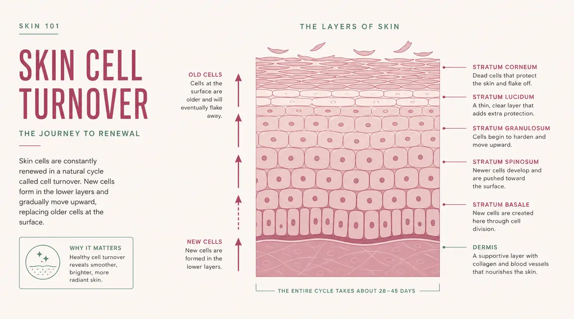 Simple skin cell renewal diagram showing old surface cells and fresh cells underneath