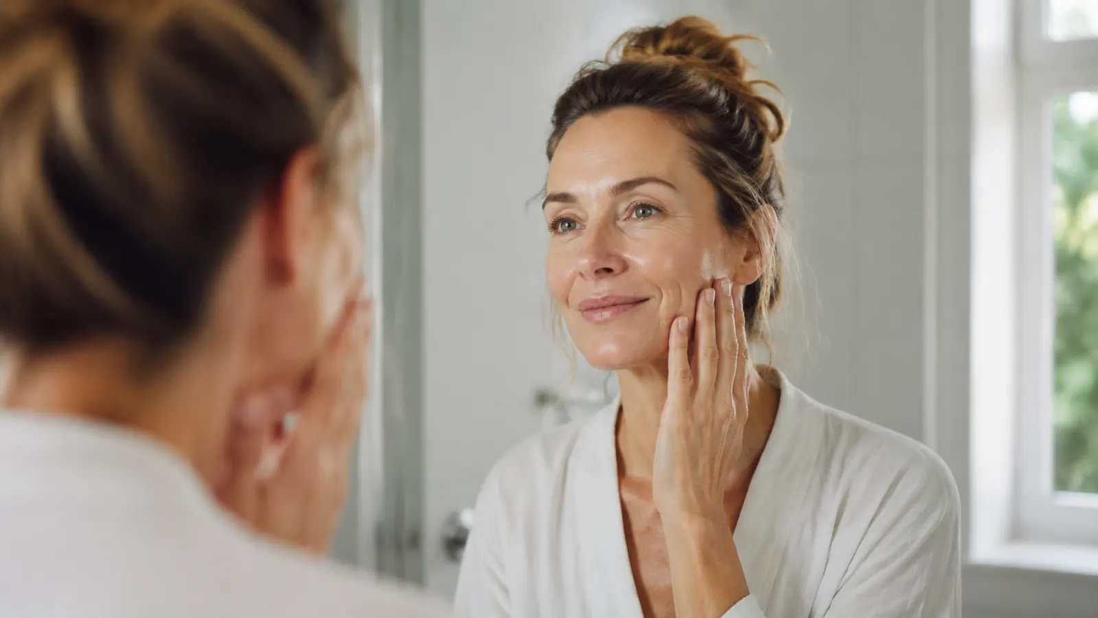 Woman looking at her face in a bathroom mirror with natural morning light, calm expression