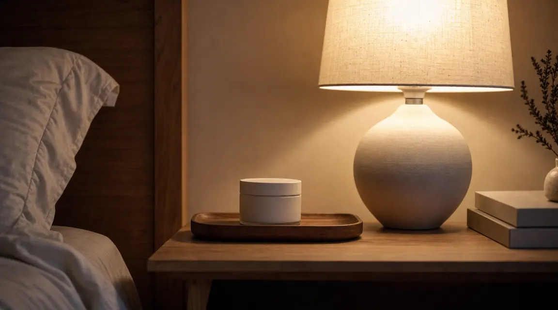 Nightstand with a small jar of night cream, a glass of water, and soft lamplight casting a warm glow