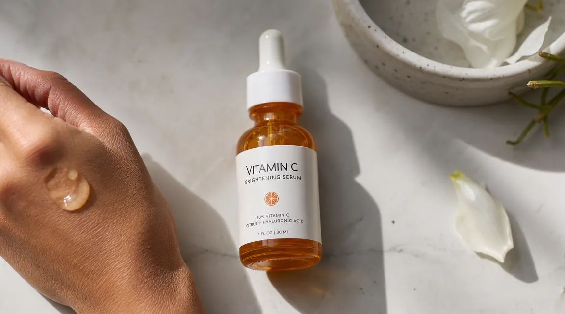 A clear glass dropper bottle of vitamin C serum on a marble bathroom counter with soft natural light