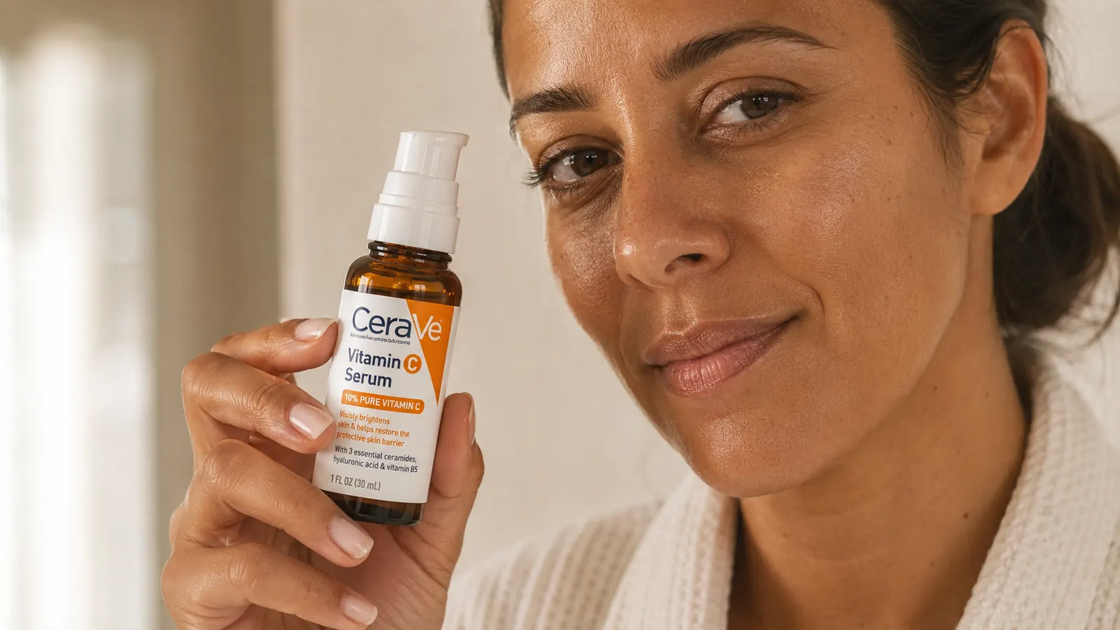 Hand holding the CeraVe Vitamin C Serum bottle, showing the pump dispenser and amber-tinted glass