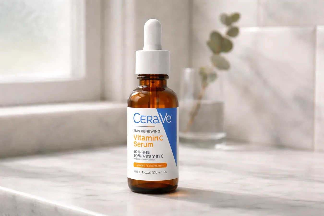 CeraVe Vitamin C Serum bottle on a white marble surface next to a small ceramic bowl with dried botanicals