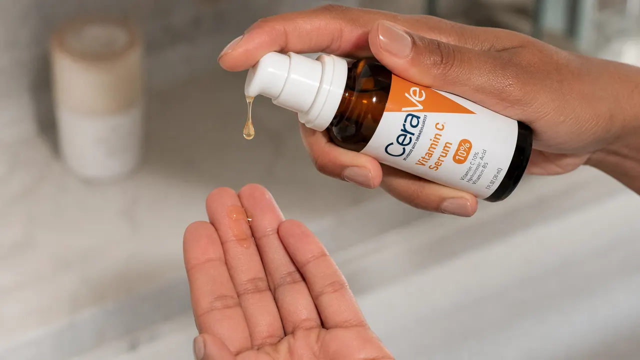Hand holding the CeraVe Vitamin C Serum bottle, dispensing a few drops of serum onto fingertips over a bathroom sink