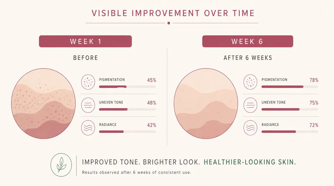 Side-by-side skin texture comparison showing dull uneven skin on the left versus clearer more even-toned skin on the right after six weeks