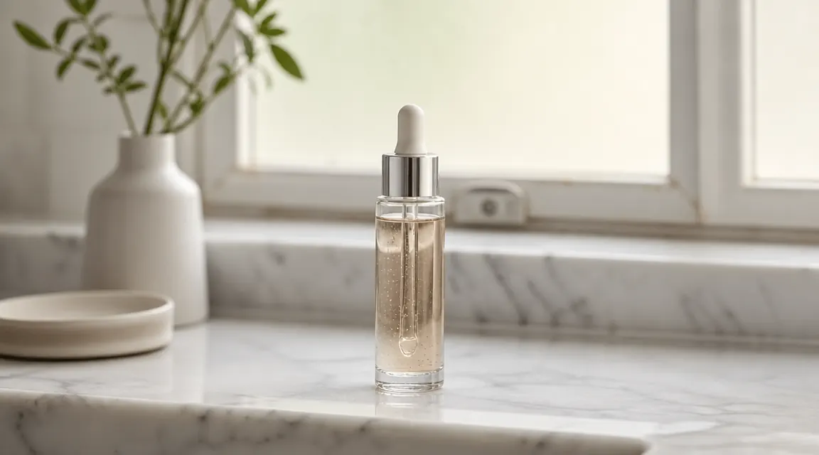CeraVe Vitamin C Serum bottle on a white marble bathroom counter with soft morning light coming through a frosted window