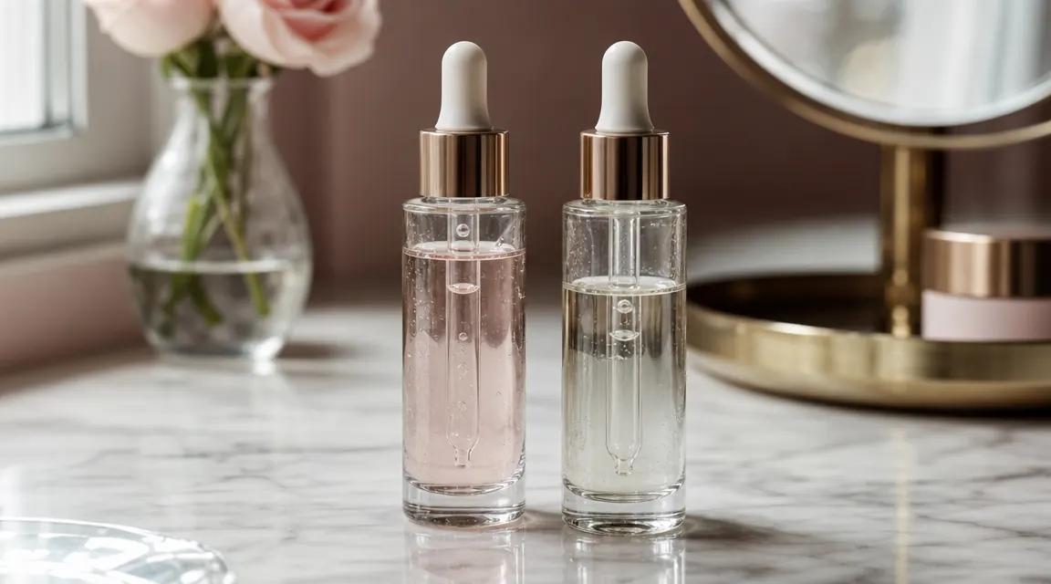 Two vitamin C serums side by side on a marble bathroom counter with soft morning light