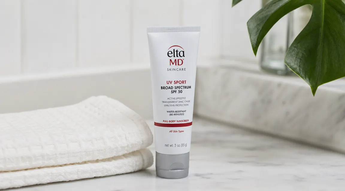 EltaMD UV AOX Elements sunscreen tube resting on a marble vanity beside a small white towel and a green plant leaf in soft morning light