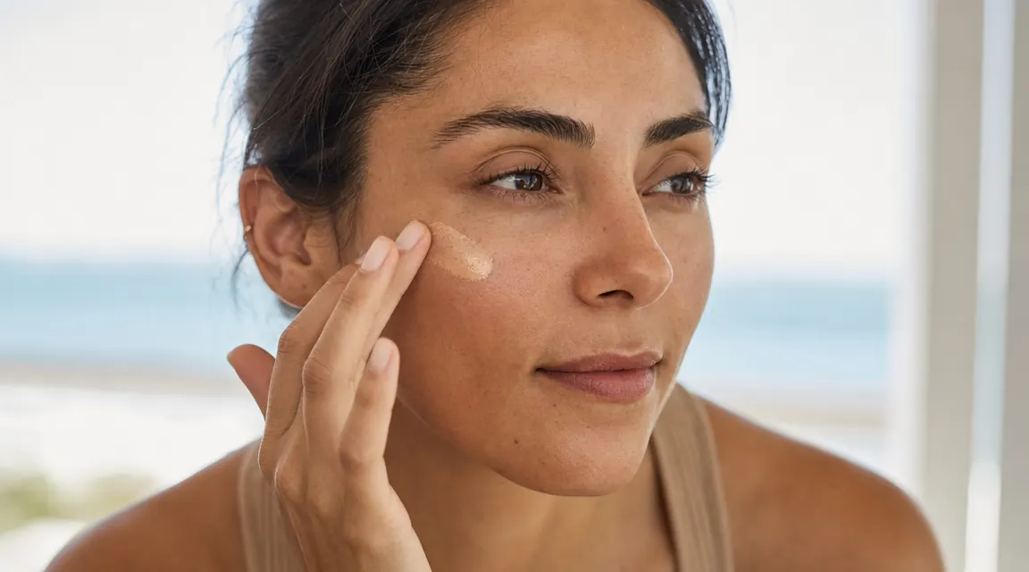 Woman with clear skin applying sunscreen outdoors on a sunny morning, soft natural light on face