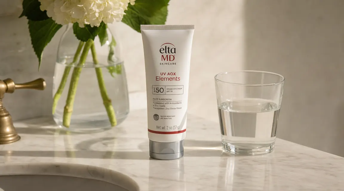 EltaMD UV AOX Elements tinted sunscreen tube on a marble bathroom counter next to a glass of water, soft morning window light