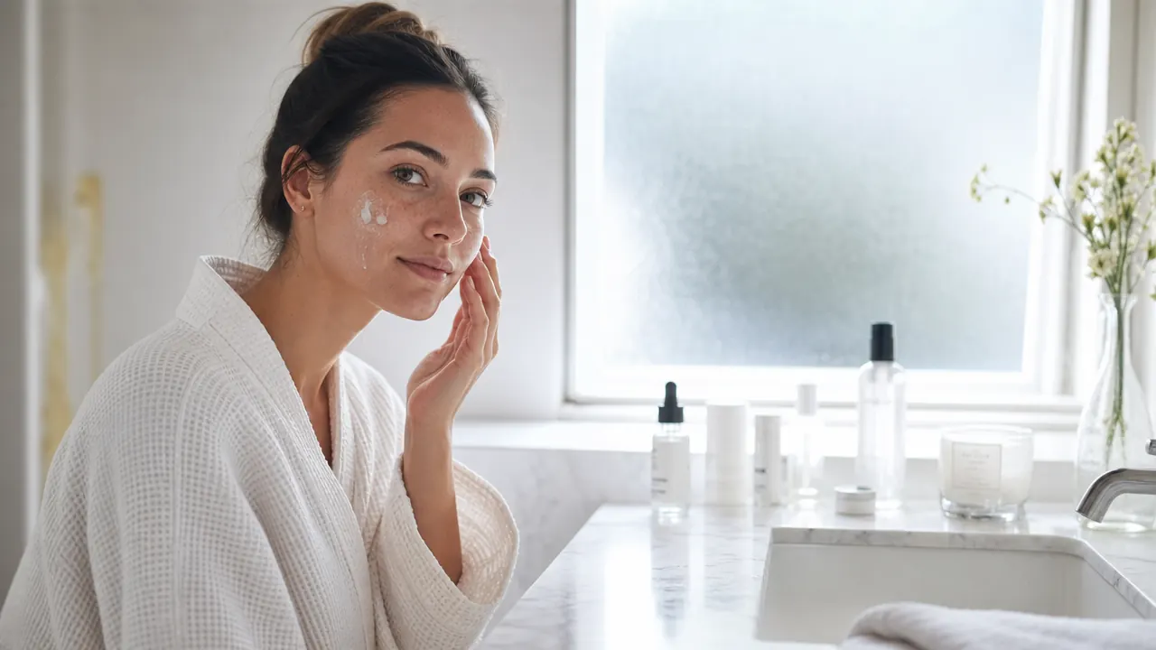 Morning bathroom counter with soft light, skincare products arranged neatly beside a clean sink