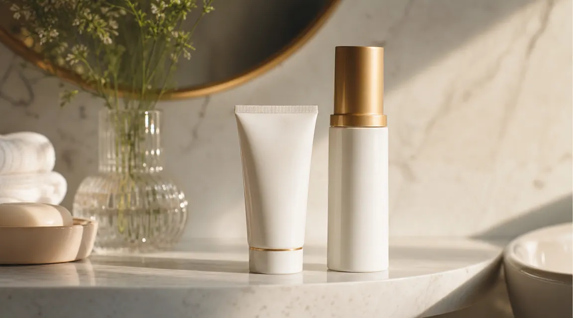 Two sunscreen bottles on a marble bathroom shelf next to a glass of water and a folded towel, morning light streaming in from the left