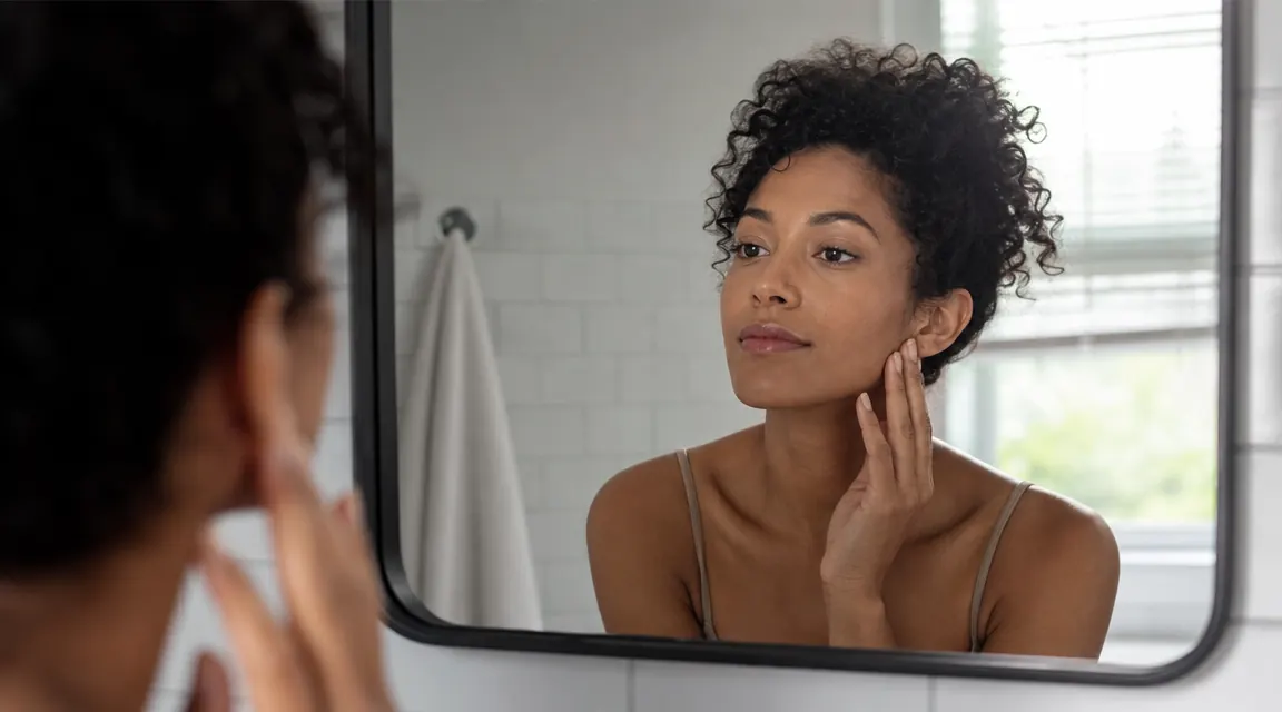 A woman checking her skin in a mirror after applying makeup over sunscreen, no white cast visible