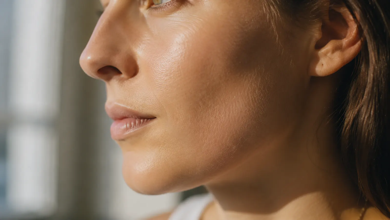 Close-up of a woman's cheek in natural light showing noticeably more even skin tone, fewer dark spots visible