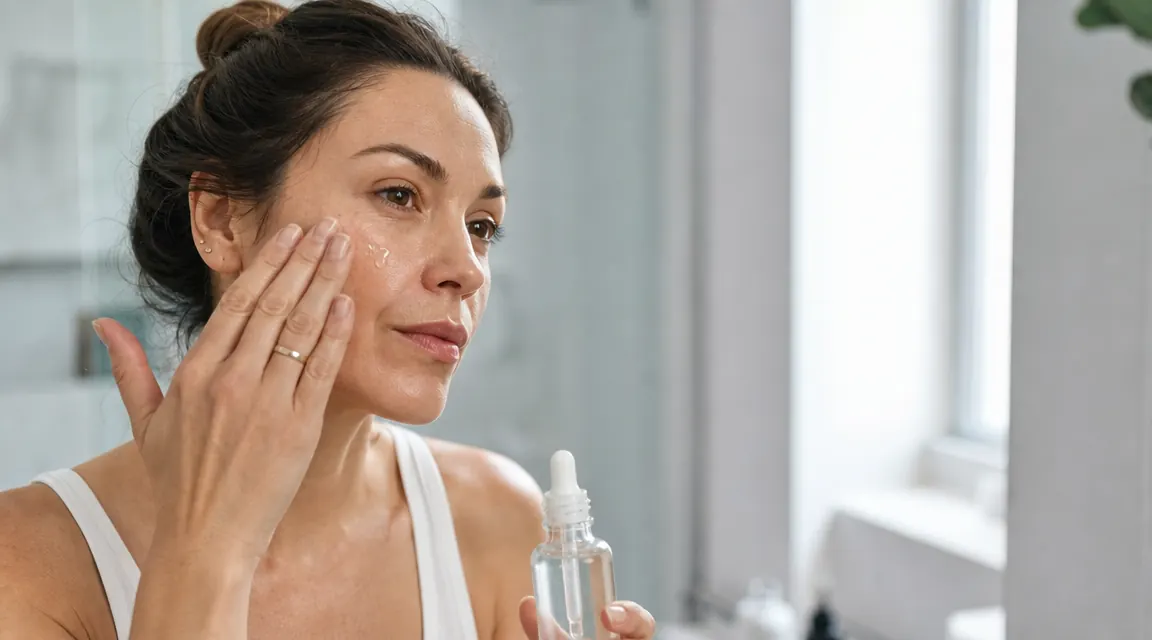 Woman applying a clear serum to her cheek in a bright bathroom, looking at her reflection in the mirror