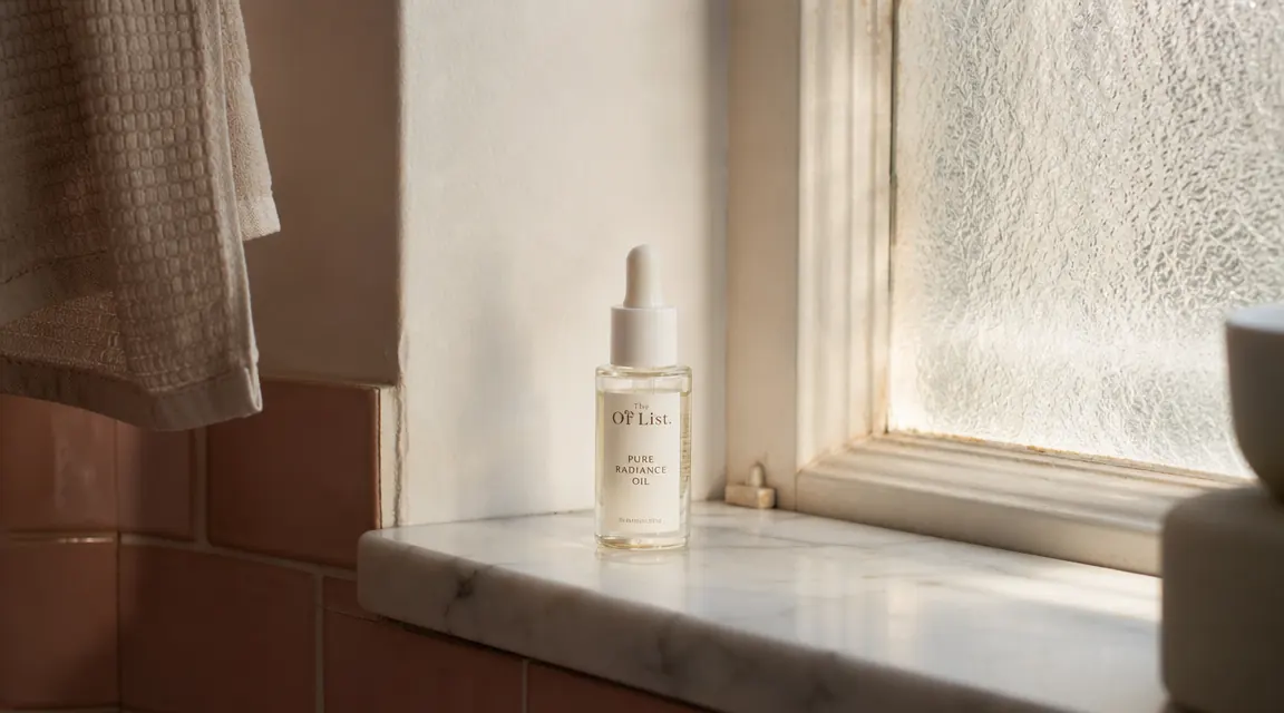A glass dropper bottle of hyaluronic acid serum held above a bathroom vanity with morning light coming through a frosted window