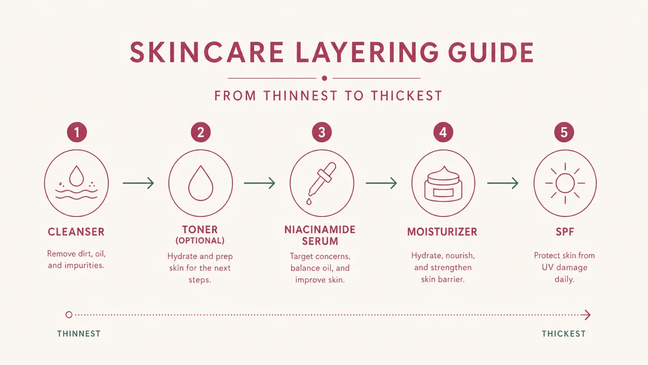 Simple skincare routine layering order chart showing cleanser, toner, niacinamide serum, moisturizer, SPF from bottom to top