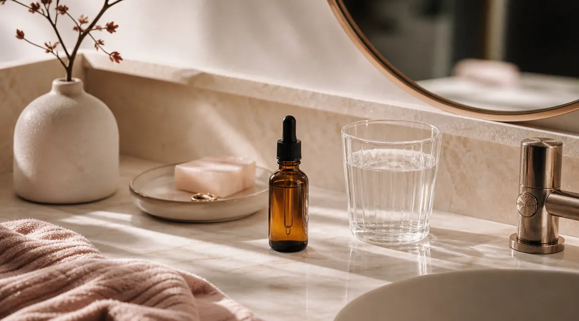 Clean bathroom counter with a small serum bottle, a cotton pad, and a glass of water in soft morning light