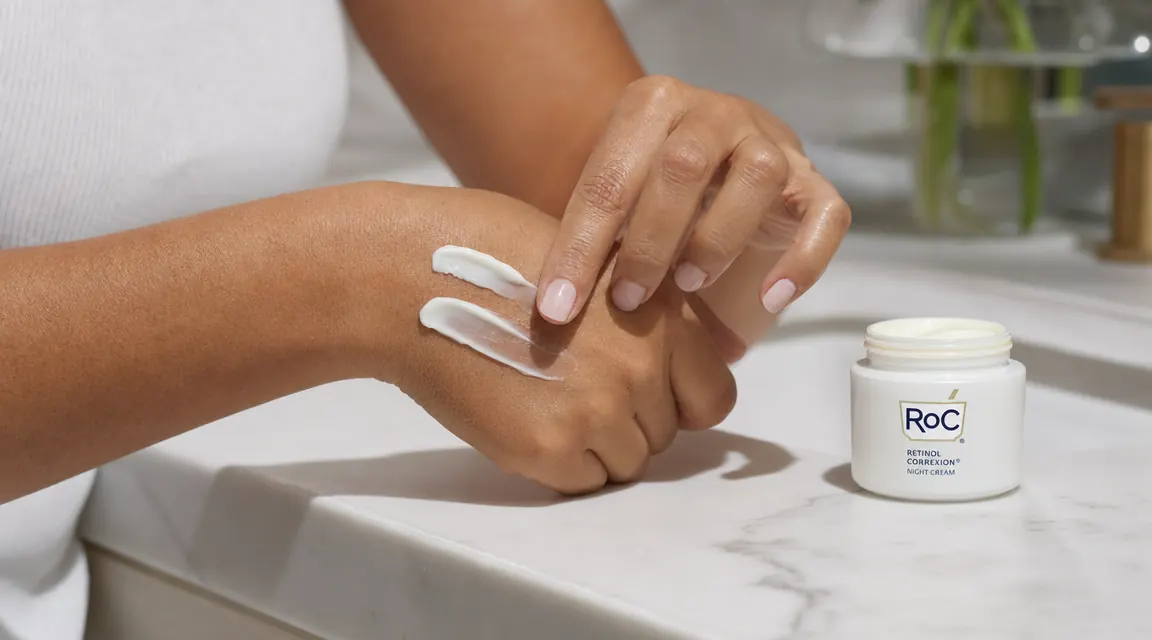 A moisturizer being applied over a retinol cream on the back of a hand to demonstrate the buffering sandwich technique