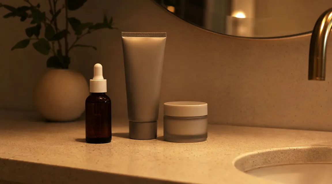 A bathroom counter with a small retinol night cream jar, a moisturizer, and a gentle cleanser arranged neatly under warm evening light