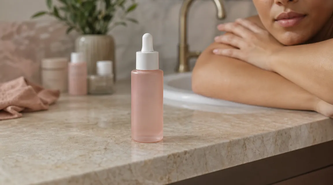 Clear dropper bottle of Naturium Niacinamide Serum on a warm stone countertop next to a folded white washcloth in soft morning light