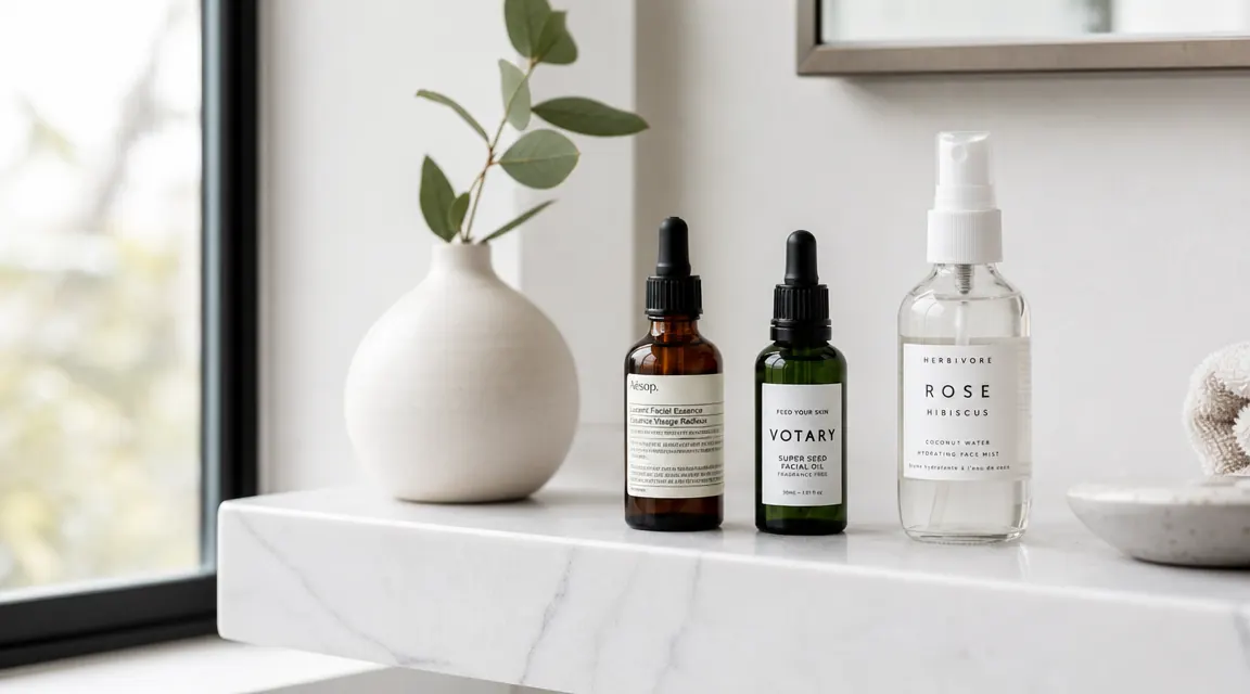 Bathroom shelf with a simple two-step skincare routine arranged neatly