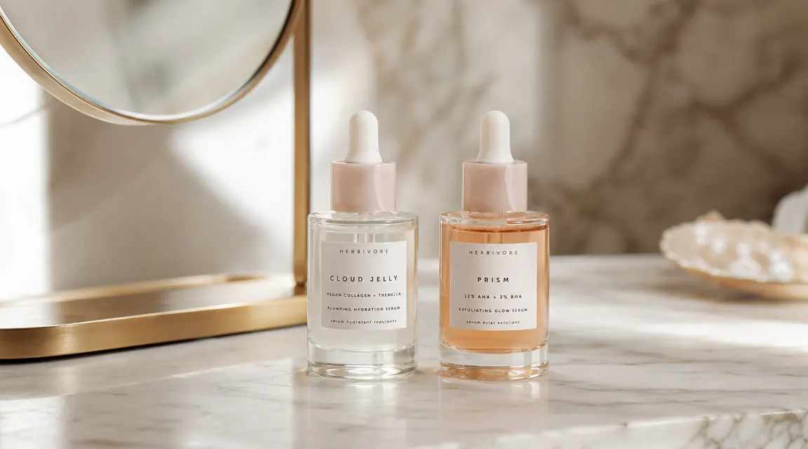 Two dropper bottles of niacinamide serum on a white marble surface with soft natural window light
