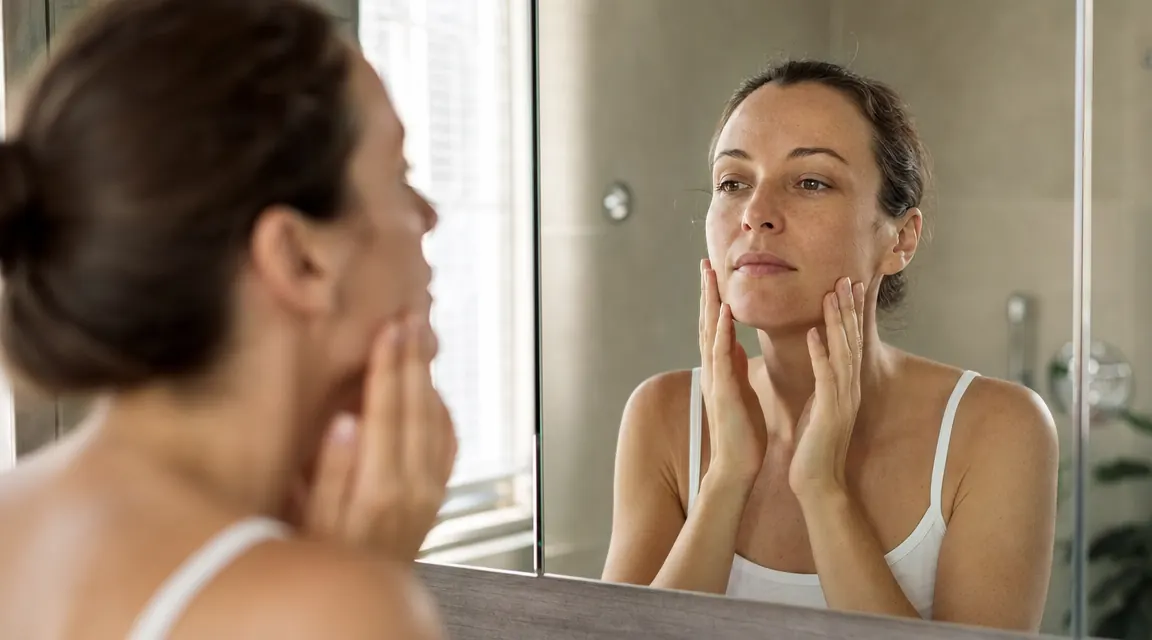 Woman in her late thirties examining her face closely in a well-lit bathroom mirror, calm expression, no makeup, morning light