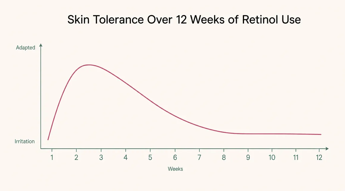 Simple chart showing retinol tolerance building over twelve weeks, from redness and flaking in weeks one through three to smooth baseline by week eight