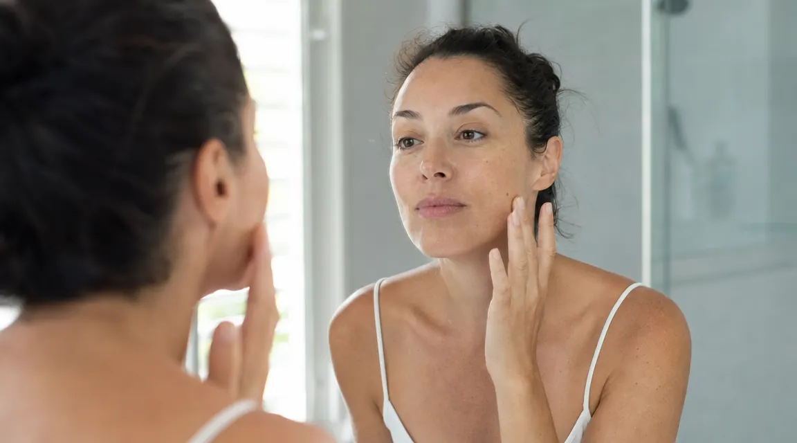 Woman looking at her face in a lit bathroom mirror in the morning, relaxed expression