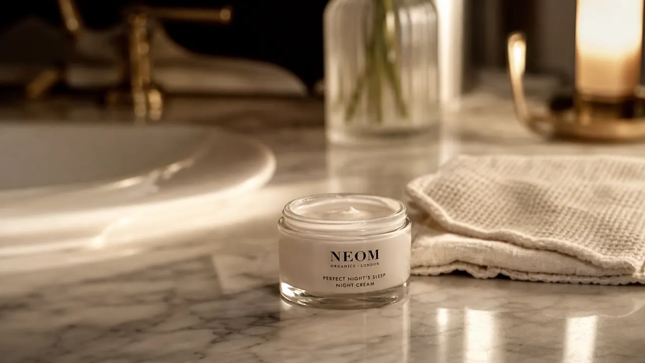 A jar of RoC Retinol Correxion Night Cream sitting on a white marble bathroom counter beside a soft cotton face cloth and a glass of water