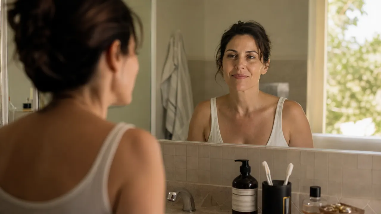 Woman looking at her skin in a bathroom mirror with a calm, satisfied expression in morning light