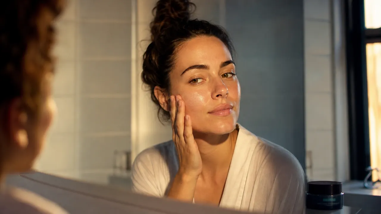 Soft morning light on a bathroom vanity with a jar of night cream and a clean towel nearby