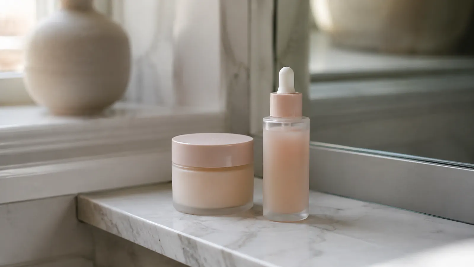 Two skincare products side by side on a marble bathroom shelf with soft morning window light