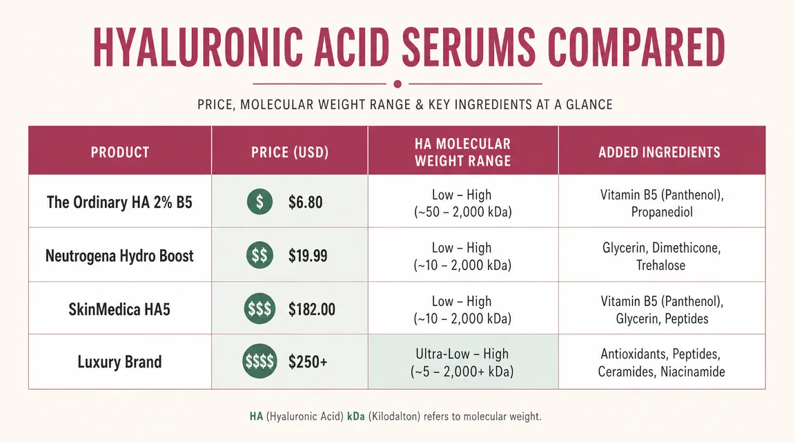 Side by side comparison chart of serum prices versus key ingredients for four common hyaluronic acid serums