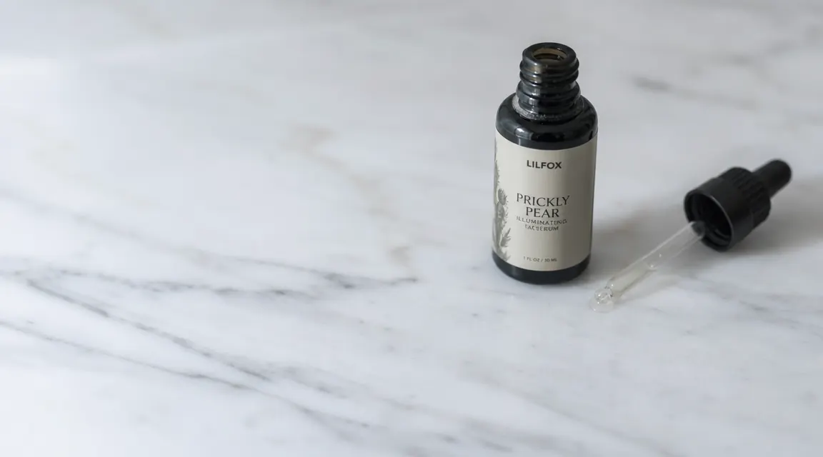 Close-up of The Ordinary Hyaluronic Acid 2% + B5 serum bottle on a white marble surface with a small dropper of serum beside it