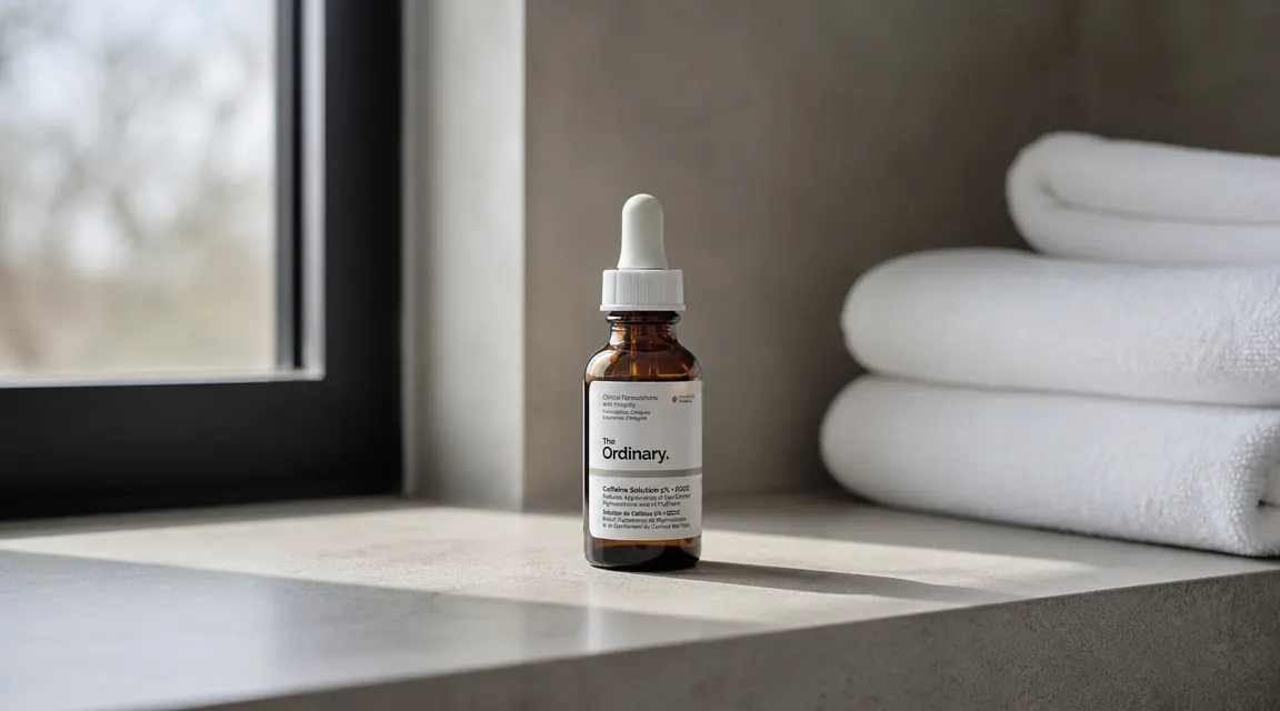 Small brown bottle of The Ordinary Hyaluronic Acid 2% + B5 serum resting on a white marble bathroom shelf with soft morning light