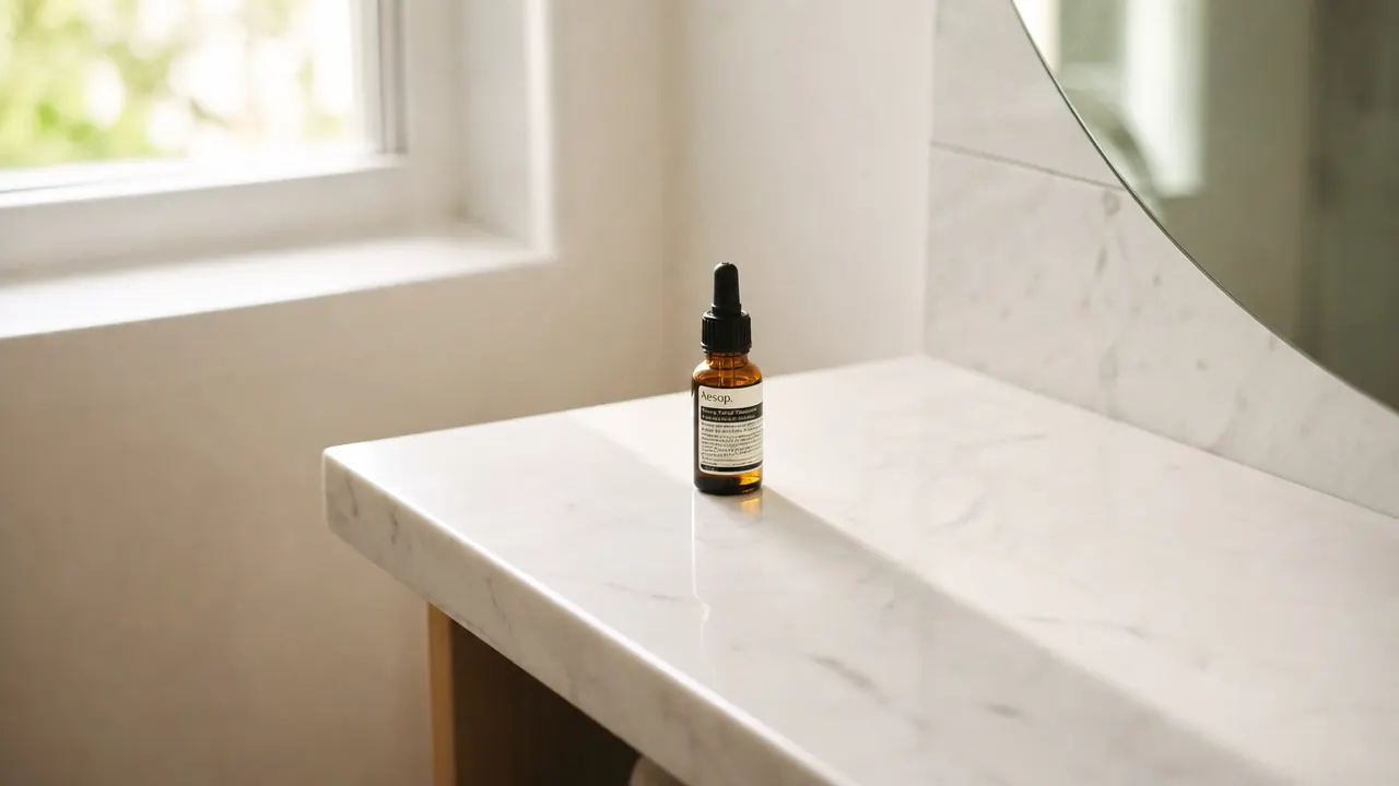 A small dropper bottle of The Ordinary Hyaluronic Acid serum sitting on a white marble bathroom shelf beside a glass of water