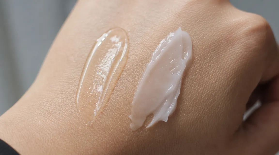 Close-up of a gel-cream texture swatched on the back of a hand next to a clear serum swatch
