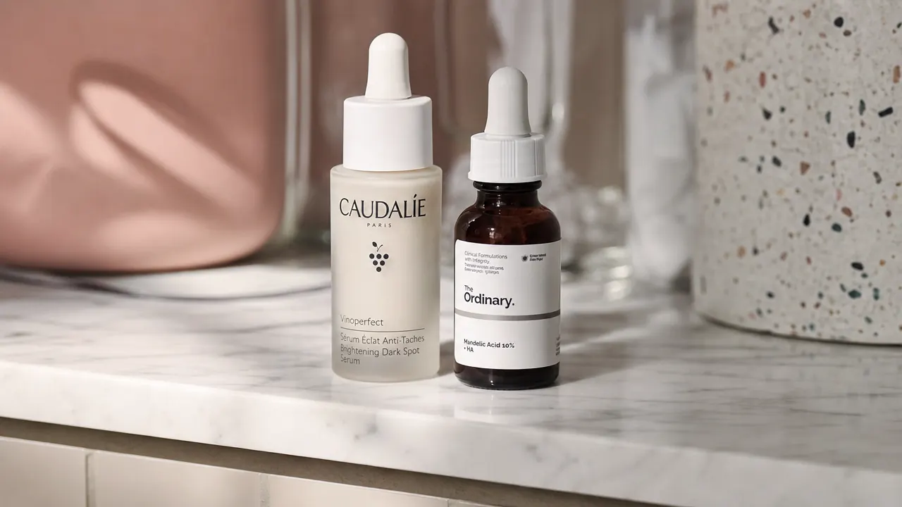 Two skincare products side by side on a marble bathroom shelf with soft morning window light
